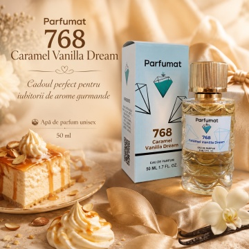 Set Apa de parfum Parfumat 768 Caramel Vanilla Dream, Unisex, 50 ml si Gentuta cosmetice - Img 6
