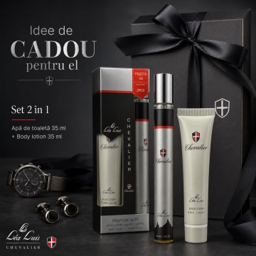 Set Chevalier 2x35 ml, Apă de Toaletă Bărbat 35 ml + Body Lotion 35 ml, Set Cadou Masculin, Aromă Elegantă, Proaspătă, Aromatică și Lemnoasă, Format Compact pentru Borsetă, Birou, Mașină și Călătorii - Img 2