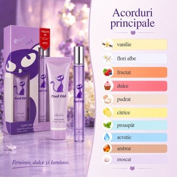 Set Cool Girl 2x35 ml, Apă de Toaletă Damă 35 ml + Cremă de Mâini Body Lotion 35 ml, Aromă Dulce Floral Fructată, Vanilată și Moscată, Note de Pară, Mandarină, Gardenie, Iasomie, Caprifoi, Floare de Portocal, Lăcrămioară, Vanilie, Ambră, Mosc și Lemn de S - Img 5