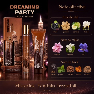 Set Dreaming Party Pour Femme 2x35 ml, Apă de Toaletă Damă 35 ml + Body Lotion 35 ml, Aromă Ambrată Fructată, Dulce, Balsamică și Cald Condimentată, Note de Mure, Ghimbir, Pomelo, Frezie, Orhidee, Iasomie, Iris, Tămâie, Paciuli, Smirnă, Ambră și Vetiver - Img 8