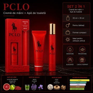 Set PCLO 2x35 ml, Apă de Toaletă Bărbat 35 ml + Cremă de Mâini 35 ml, Aromă Masculină Citrică, Aromatică, Lemnoasă și Proaspăt Condimentată, Note de Portocală Sângerie, Bergamotă, Piper Roz, Absint, Lavandă, Iris, Mosc, Cedru și Opoponax - Img 2