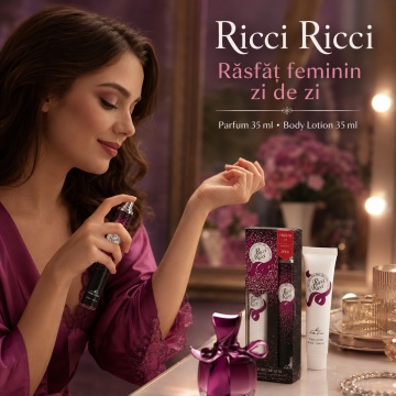 Set Ricci Ricci 2x35 ml, Apă de Toaletă Damă 35 ml + Body Lotion 35 ml, Aromă Floral Fructată, Verde și Lemnoasă, Note de Rubarbă, Bergamotă, Datură, Tuberoză, Trandafir, Paciuli și Lemn de Santal - Img 2