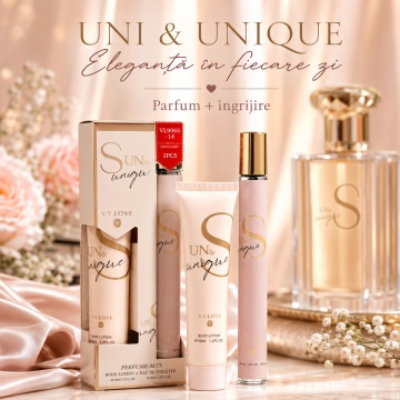 Set Uni & Unique 2x35 ml, Apă de Toaletă Damă 35 ml + Body Lotion 35 ml, Aromă Floral Fructată, Dulce, Vanilată și Moscată, Note de Citrice, Piersică, Fructul Pasiunii, Gardenie, Iasomie, Lemn de Santal, Vanilie, Ambră și Mosc - Img 7