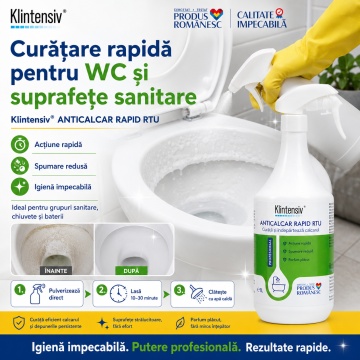 Soluție anticalcar Klintensiv Anticalcar Rapid RTU, gata de utilizare, pentru baie și bucătărie, curăță și îndepărtează calcarul, spumare redusă, parfum plăcut, 1 L, 4x Stickere - Img 6