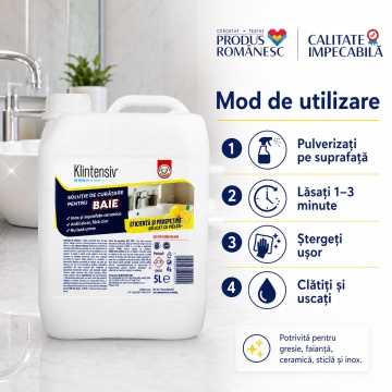 Soluție curățare baie Klintensiv, anticalcar, îndepărtează urme de apă și murdărie, protecție împotriva redepunerilor, pentru gresie, faianță, ceramică, cabine duș, baterii sanitare, 5 L, 4x Stickere - Img 5