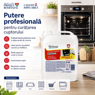 Soluție curățare cuptor Klintensiv, degresant profesional pentru grăsime arsă și depuneri carbonizate, pentru cuptoare, plite, tăvi, grătare și inox, 5 L, 4x Stickere - Img 3