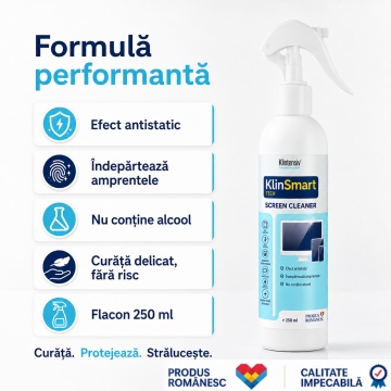 Soluție curățare ecrane Klintensiv KlinSmart Tech, efect antistatic, fără urme, protecție împotriva prafului și amprentelor, pentru monitor, laptop, tabletă, telefon, touchscreen, 250 ml, 4x Stickere - Img 6