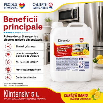 Soluție curățare electrocasnice Klintensiv, spray profesional pentru grăsime, pete și amprente, fără urme, pentru frigider, hotă, plită, cuptor, inox, crom, sticlă și plastic, 5 L, 4x Stickere - Img 3