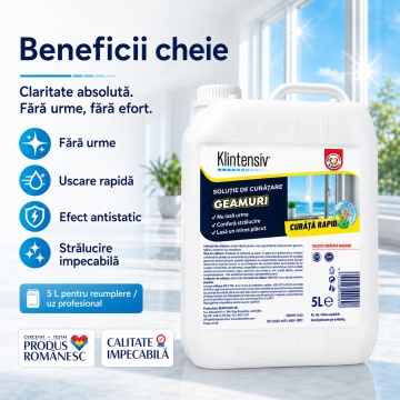Soluție curățare geamuri Klintensiv, spray profesional pentru sticlă, oglinzi, vitrine și suprafețe lucioase, uscare rapidă, efect antistatic, fără urme, 5 L, 4x Stickere - Img 3