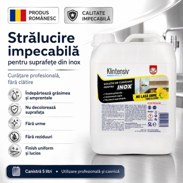 Soluție curățare inox Klintensiv, fără clătire, pentru inox lucios, mat și periat, îndepărtează grăsimea, murdăria și amprentele, finisaj fără urme, 5 L, 4x Stickere - Img 3