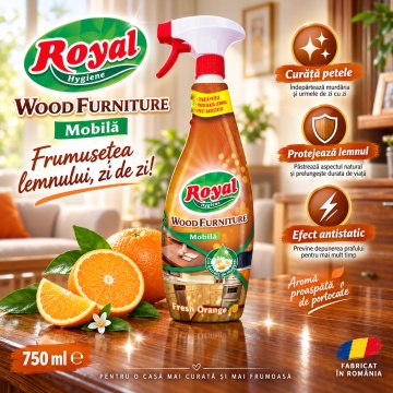 Solutie curatare mobila si lemn Royal Hygiene Wood Furniture, pentru Mobilă și Lemn, Curăță Petele, Protejează Suprafețele, Efect Antistatic, Parfum Fresh Orange, Fabricat în România, 750 ml