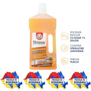 Soluție curățare parchet Klintensiv, detergent profesional pentru parchet lăcuit, protejează și redă strălucirea naturală, fără clătire, diluție 1%, parfum discret, 1 L, 4x Stickere