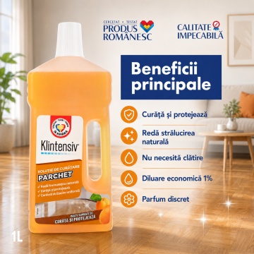 Soluție curățare parchet Klintensiv, detergent profesional pentru parchet lăcuit, protejează și redă strălucirea naturală, fără clătire, diluție 1%, parfum discret, 1 L, 4x Stickere - Img 6
