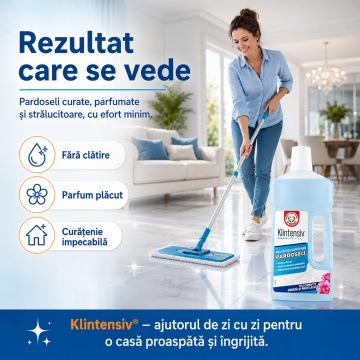 Soluție curățare pardoseli Klintensiv, detergent parfumat concentrat, fără clătire, pentru ceramică, porțelan, marmură, granit, piatră naturală, mozaic, linoleum, PVC și laminate lavabile, 1 L, 4x Stickere - Img 6
