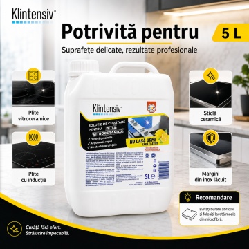 Soluție curățare plită vitroceramică Klintensiv, pentru plite cu inducție și sticlă ceramică, îndepărtează grăsimea arsă și petele persistente, finisaj fără urme, protecție împotriva depunerilor, 5 L, 4x Stickere - Img 3