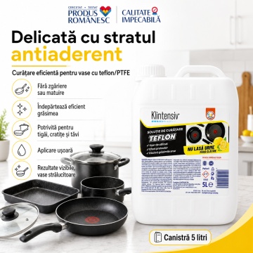 Soluție curățare teflon Klintensiv, pentru vase antiaderente, tigăi, cratițe și tăvi, curățare delicată fără zgâriere, îndepărtează grăsimea și resturile alimentare, 5 L, 4x Stickere - Img 3
