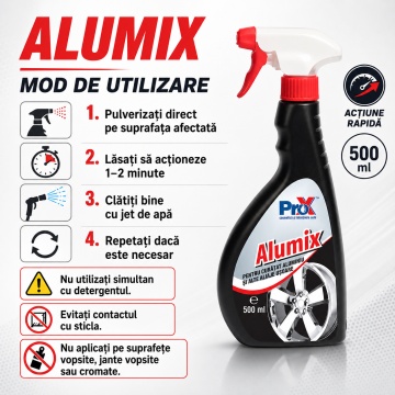 Soluție curățat aluminiu PRO X Alumix, pentru aluminiu și aliaje ușoare, acțiune rapidă, îndepărtează oxizi, praf de frână și impurități, pentru jante, ornamente și componente auto, 500 ml, 4x Stickere - Img 4