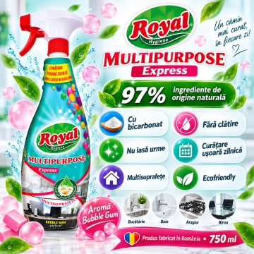 Solutie curatat Multipurpose cu Bicarbonat Royal Hygiene, Soluție Multisuprafețe Fără Clătire, Nu Lasă Urme, 97% Ingrediente de Origine Naturală, Ecofriendly, Bubble Gum Parfume, HoReCa, Fabricat în România, 750 ml - Img 4