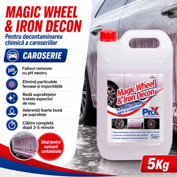 Soluție decontaminare jante și caroserie Magic Wheel & Iron Decon PRO X, fallout remover cu pH neutru, indicator activ roșu, pentru oxizi de fier și depuneri plăcuțe frână, 5 kg, 4x Stickere - Img 5