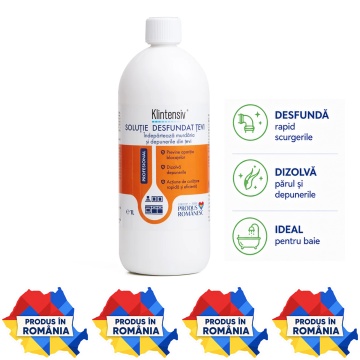 Soluție desfundat țevi Klintensiv, profesională, concentrată, pentru scurgeri, chiuvete, lavoare și dușuri, dizolvă grăsimea, părul, depunerile și mirosurile, 1 L, 4x Stickere