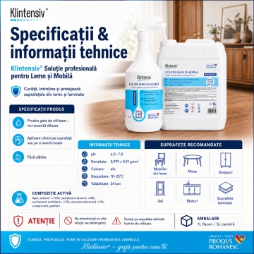 Soluție pentru Lemn și Mobilă Klintensiv, curățare și întreținere, efect antistatic, gata de utilizare, pentru suprafețe din lemn și laminate, 1 L, 4x Stickere - Img 6