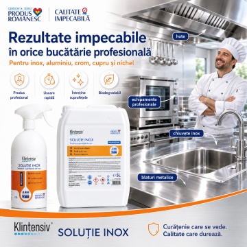 Soluție profesională curățare inox Klintensiv, pentru suprafețe metalice, echipamente HoReCa și utilaje, degresare rapidă, luciu de oglindă, biodegradabilă, canistră 5 L, 4x Stickere - Img 3