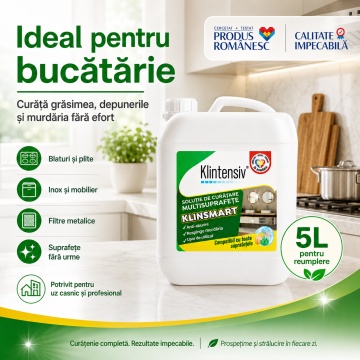 Soluție profesională de curățare Klintensiv KlinSmart, efect remanent, peliculă protectoare, anticalcar, degresant, antiaburire, baie și bucătărie, 5 L, pulverizator, 4x Stickere - Img 4