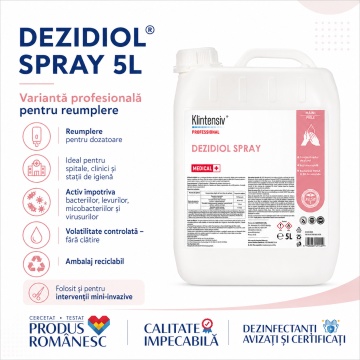 Spray dezinfectant igienic pentru mâini și piele Dezidiol Klintensiv Profesional, cu 2 alcooli și clorhexidină, bactericid, levuricid, virucid și micobactericid, testat dermatologic, 1 L, 4x Stickere - Img 4