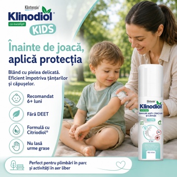 Spray repelent copii KlinodioL Kids, anti țânțari și căpușe, formulă naturală cu Citriodiol 5%, fără DEET, protecție până la 6 ore, pentru copii peste 6 luni, aviz biocid, 100 ml, 4x Stickere - Img 3