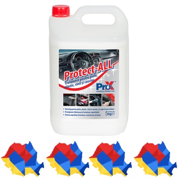 Tratament auto PRO X Protect-ALL, dressing pentru piele, plastic, vinil și cauciuc, efect antistatic, aspect mat satinat, protecție UV, hidratare și reînnoire suprafețe auto, 5 L, 4x Stickere