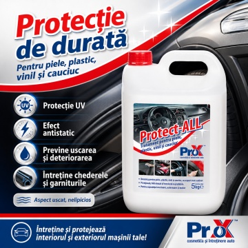 Tratament auto PRO X Protect-ALL, dressing pentru piele, plastic, vinil și cauciuc, efect antistatic, aspect mat satinat, protecție UV, hidratare și reînnoire suprafețe auto, 5 L, 4x Stickere - Img 4