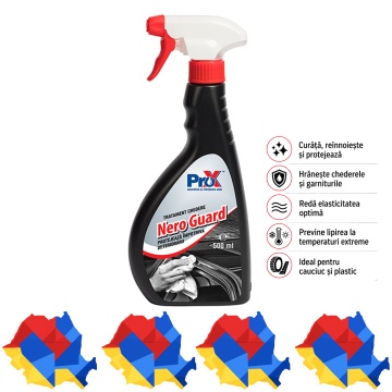 Tratament chedere și anvelope PRO X Nero Guard, dressing pentru cauciuc și plastic, curăță, hidratează, reînnoiește și protejează garnituri auto, chedere, plastice și anvelope, 500 ml, 4x Stickere