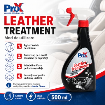 Tratament piele auto PRO X Leather Treatment, pentru piele naturală și sintetică, curățare ușoară, hrănire, protecție și reîmprospătare, efect antistatic, 500 ml, 4x Stickere - Img 4