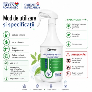 Absorbant de mirosuri Klintensiv, odorizant lichid profesional, gata de utilizare, pentru ghene, grupuri sanitare, holuri, case de scări și spații comune, neutralizează mirosuri persistente, 1 L, 4x Stickere - Img 6