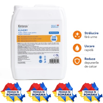 Aditiv profesional de clătire Klintensiv KLINDRY, pentru mașini automate de spălat vase, pahare, tacâmuri și veselă, anti-calcar, biodegradabil, fără parfum, canistră 5 L, 4x Stickere