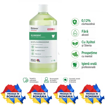 Apă de gură KLINDENT fără alcool, cu digluconat de clorhexidină 0,12%, xylitol și mentol, prospețime de durată, recomandată de medici stomatologi, produs românesc, 1 L, 4x Stickere