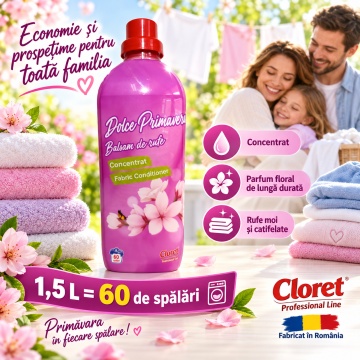 Balsam de Rufe Concentrat Cloret Dolce Primavera, Fabric Conditioner, 60 Spălări, Parfum Floral, Fabricat în România, 1.5L - Img 6