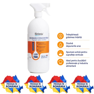 Degresant concentrat Klintensiv DEGRASS, pentru cuptoare, grătare, plite și suprafețe încinse, formulă alcalină profesională, îndepărtează grăsime arsă, proteine caramelizate și cruste persistente, 1 L, 4x Stickere