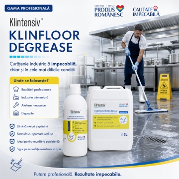 Degresant pardoseli Klintensiv KLINFLOOR DEGREASE, concentrat profesional, pH alcalin, pentru uleiuri, grăsimi, murdărie industrială, gresie, beton, ceramică și hale, 1 L, 4x Stickere - Img 3