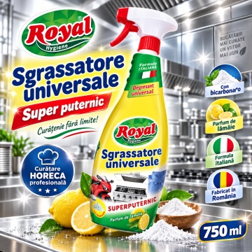 Degresant Universal Royal Hygiene Sgrassatore Universale cu Bicarbonat, Degresant Universal Super Puternic, Parfum Lămâie, Formulă Italiană, Curățare Profesională HoReCa, Fabricat în România, 750 ml - Img 6