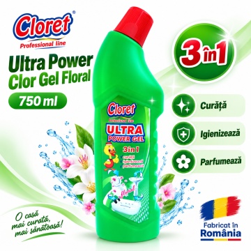 Detartrant WC 3in 1 Ultra Power Clor Gel Floral, Curăță, Igienizează și Parfumează, Înălbitor pentru Țesături, Baie, Bucătărie și WC, Formulă Densă, HoReCa, 750 ml
