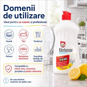 Detergent de vase Klintensiv, lichid concentrat pentru spălare manuală, degresare rapidă, eficient și în apă rece, pentru veselă, tacâmuri, pahare și ustensile, 500 ml, 4x Stickere - Img 6