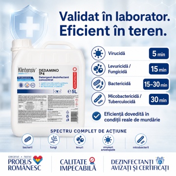 Detergent dezinfectant concentrat DEZIAMINO, pentru suprafețe alimentare, ustensile, echipamente și pavimente, eficient în condiții de murdărie, canistră 5 L, 4x Stickere - Img 6