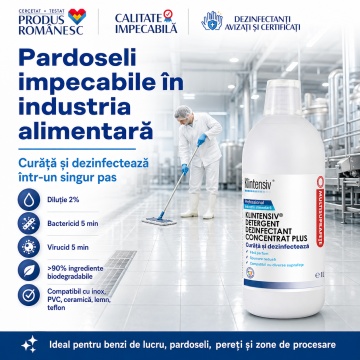 Detergent dezinfectant concentrat Klintensiv Plus, pentru industria alimentară, soluție 2%, bactericid, levuricid și virucid în 5 minute, fără parfum, 1 L, 4x Stickere - Img 3