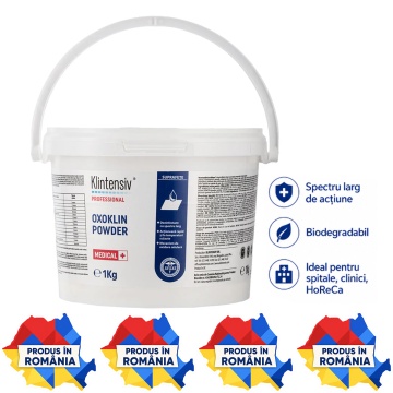 Detergent dezinfectant de nivel înalt Oxoklin Powder Klintensiv, pulbere profesională, bactericid, levuricid, fungicid, virucid, micobactericid și sporicid, pentru suprafețe, instrumentar și textile, 1 kg, 4x Stickere