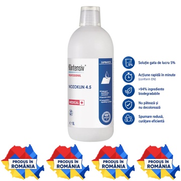 Detergent dezinfectant pentru suprafețe Nozoklin 4.5 Klintensiv Professional, PT2, soluție de lucru 5%, bactericid, levuricid, fungicid și virucid, peste 94% biodegradabil, 1 L, 4x Stickere