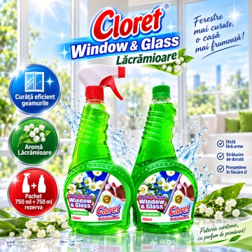 Detergent geamuri Cloret Window & Glass, Pulverizator + Rezerva, Soluție Profesională pentru Geamuri și Sticlă, Power Clean + Alcool, Fabricat în România, Lacramioara, 2x 750 ml