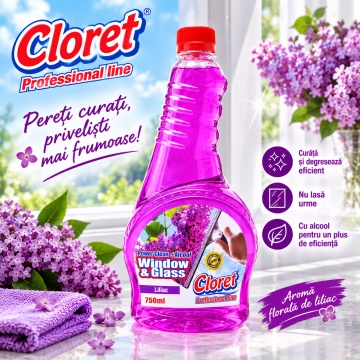 Detergent geamuri Cloret Window & Glass, Rezerva, Soluție Profesională pentru Geamuri și Sticlă, Power Clean + Alcool, Fabricat în România, Liliac, 750 ml - Img 6