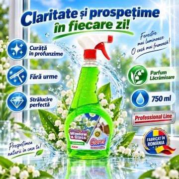Detergent geamuri Cloret Window & Glass, Soluție Profesională pentru Geamuri și Sticlă, Power Clean + Alcool, Fabricat în România, Lacramioara, 750 ml - Img 6