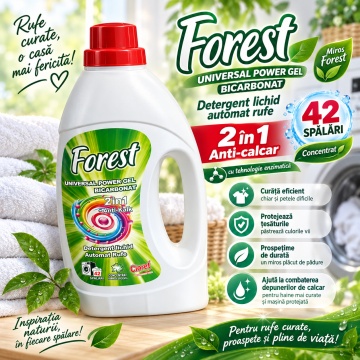 Detergent Lichid Automat Rufe Cloret Universal Power Forest, Gel Concentrat, 42 Spălări, 2 în 1 Anticalcar, Enzyme Technology, Parfum Forest, 1.5 L